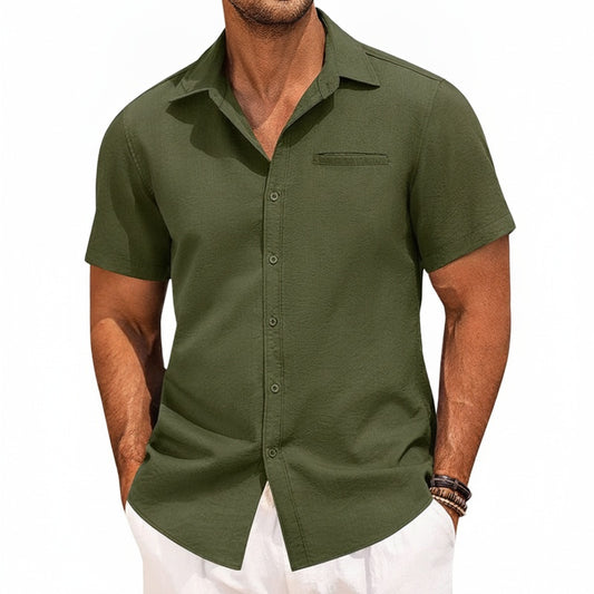 Men's Short Sleeve Shirt with Open Collar and Chest Pocket - 1