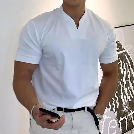 Men's Short Sleeve Slim Fit V-Neck T-Shirt with Chest Pocket - 1