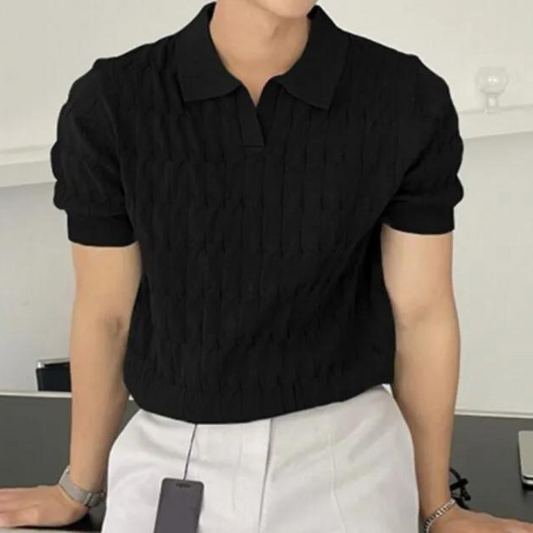 Men's Short Sleeve V-neck Polo with Textured Slim Fit Pattern - 1