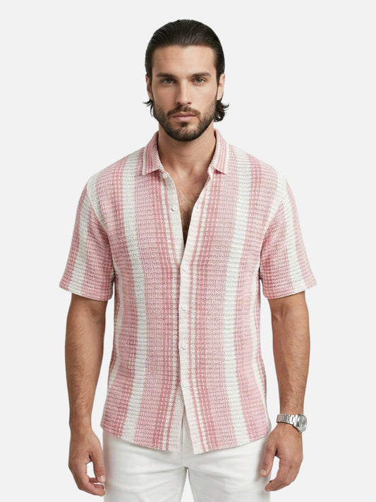 Men's Short Sleeve Vertical Striped Shirt with Dress Shirt Collar - 1