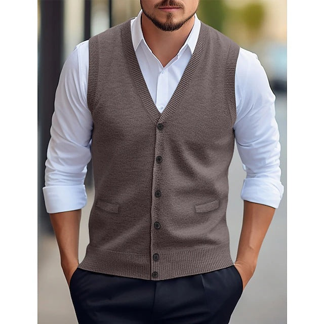 Men's Sleeveless Cardigan Vest with V-Neck and Button Closure