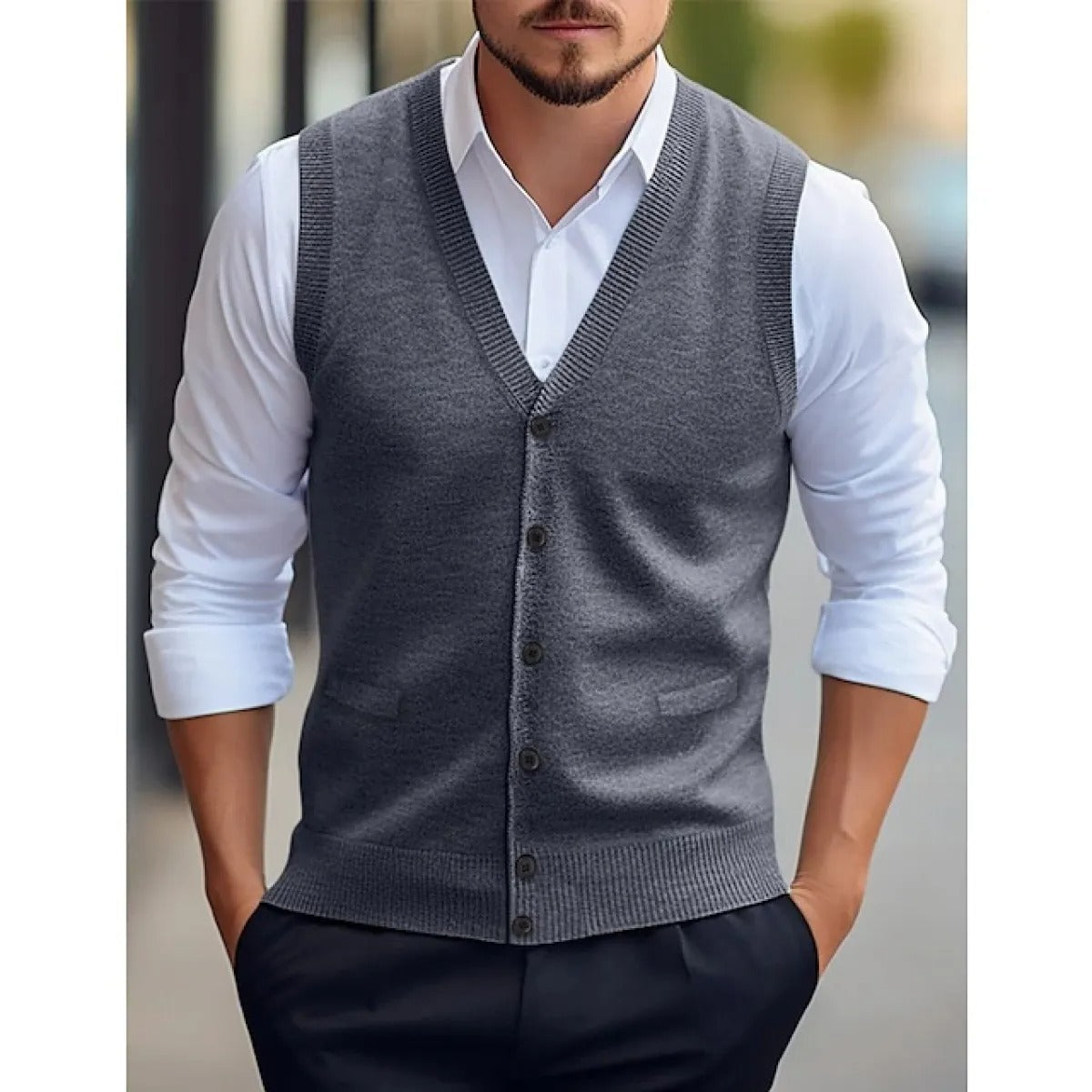 Men's Sleeveless Cardigan Vest with V-Neck and Button Closure