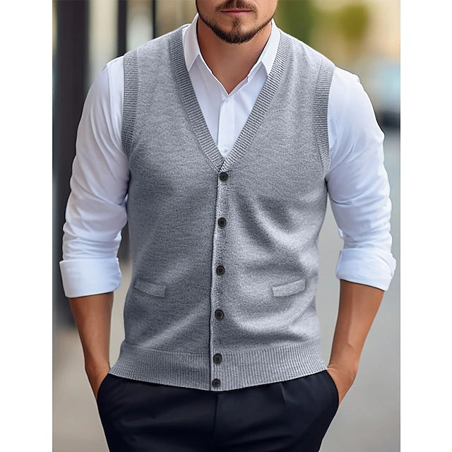 Men's Sleeveless Cardigan Vest with V-Neck and Button Closure