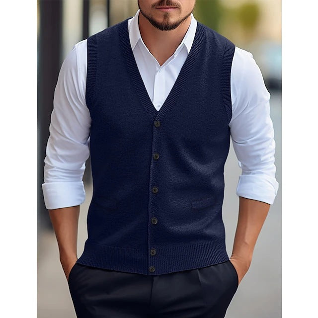 Men's Sleeveless Cardigan Vest with V-Neck and Button Closure