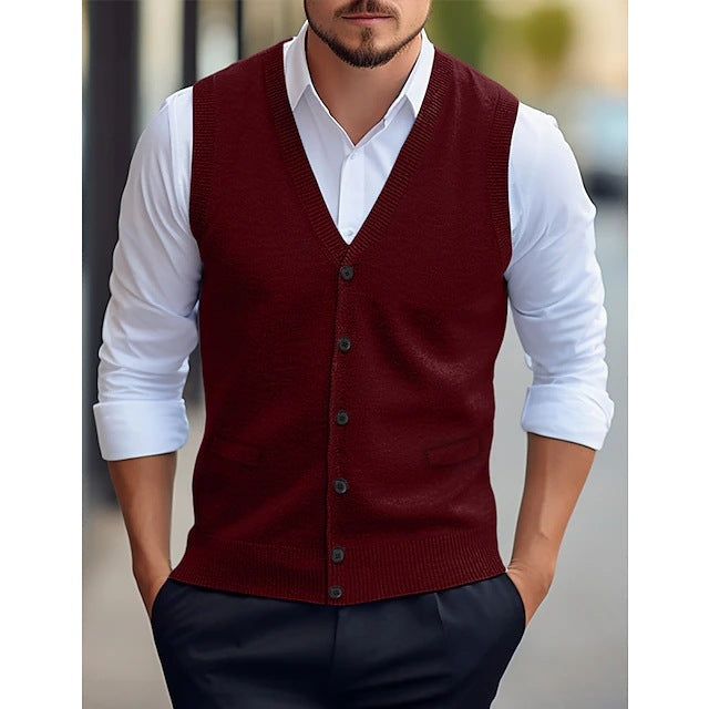 Men's Sleeveless Cardigan Vest with V-Neck and Button Closure
