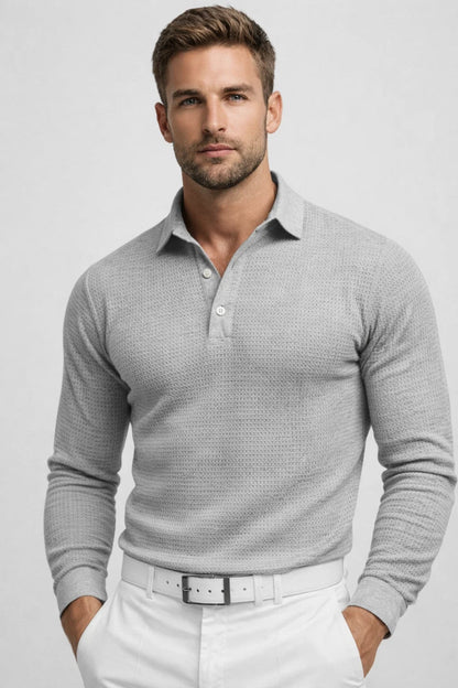 Men's Slim-Fit Polo Shirt with Textured Waffle Pattern and Long Sleeves