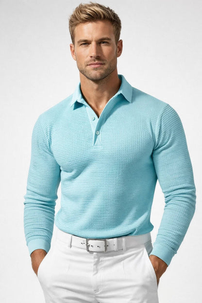 Men's Slim-Fit Polo Shirt with Textured Waffle Pattern and Long Sleeves