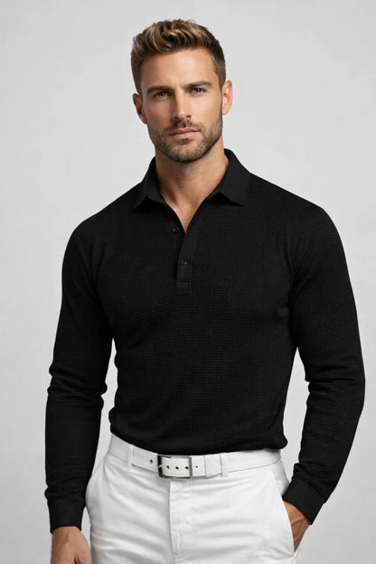 Men's Slim-Fit Polo Shirt with Textured Waffle Pattern and Long Sleeves