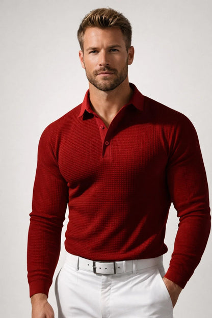 Men's Slim-Fit Polo Shirt with Textured Waffle Pattern and Long Sleeves