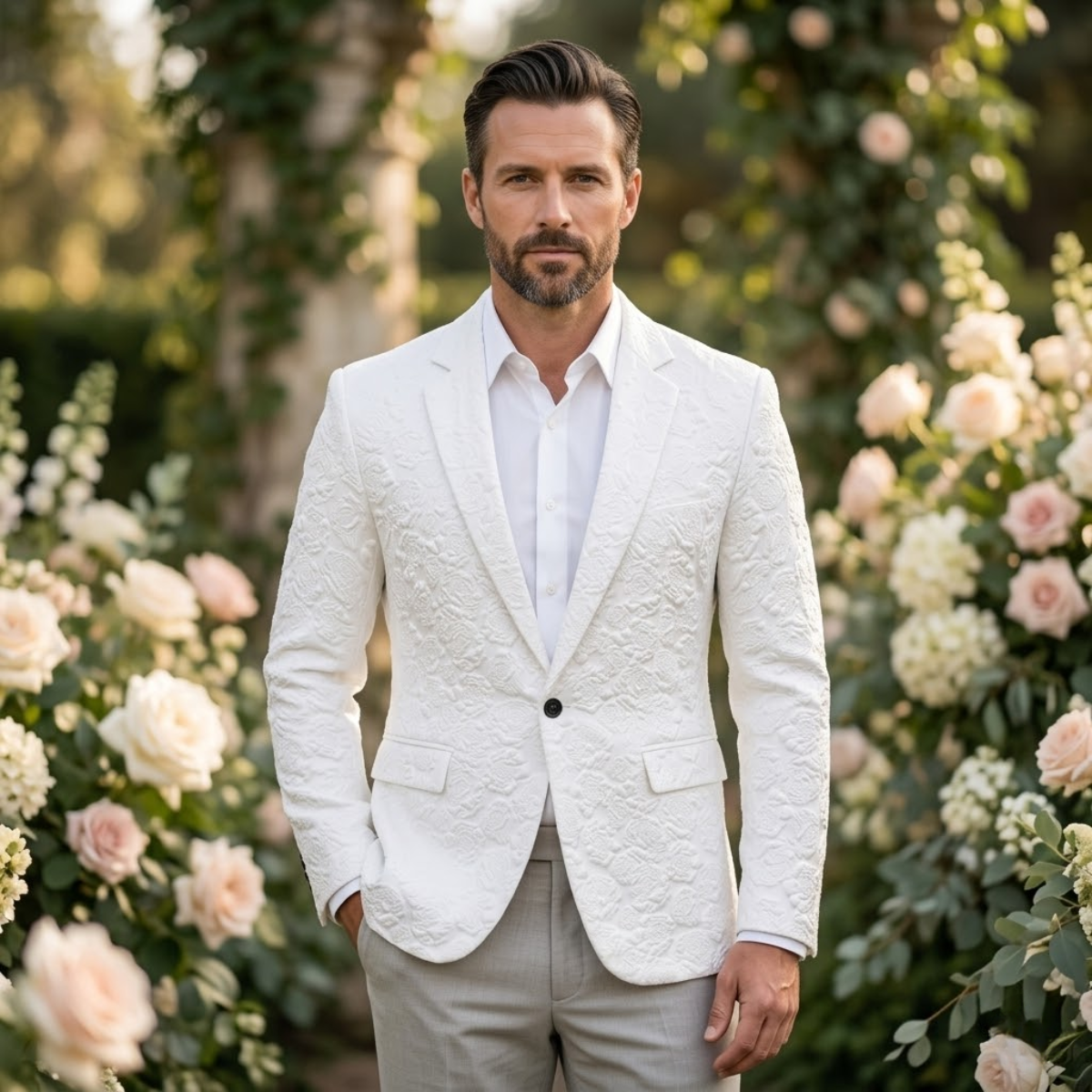 Men's Slim Fit Single-Button Blazer with Embossed Rose Pattern and Notch Lapel