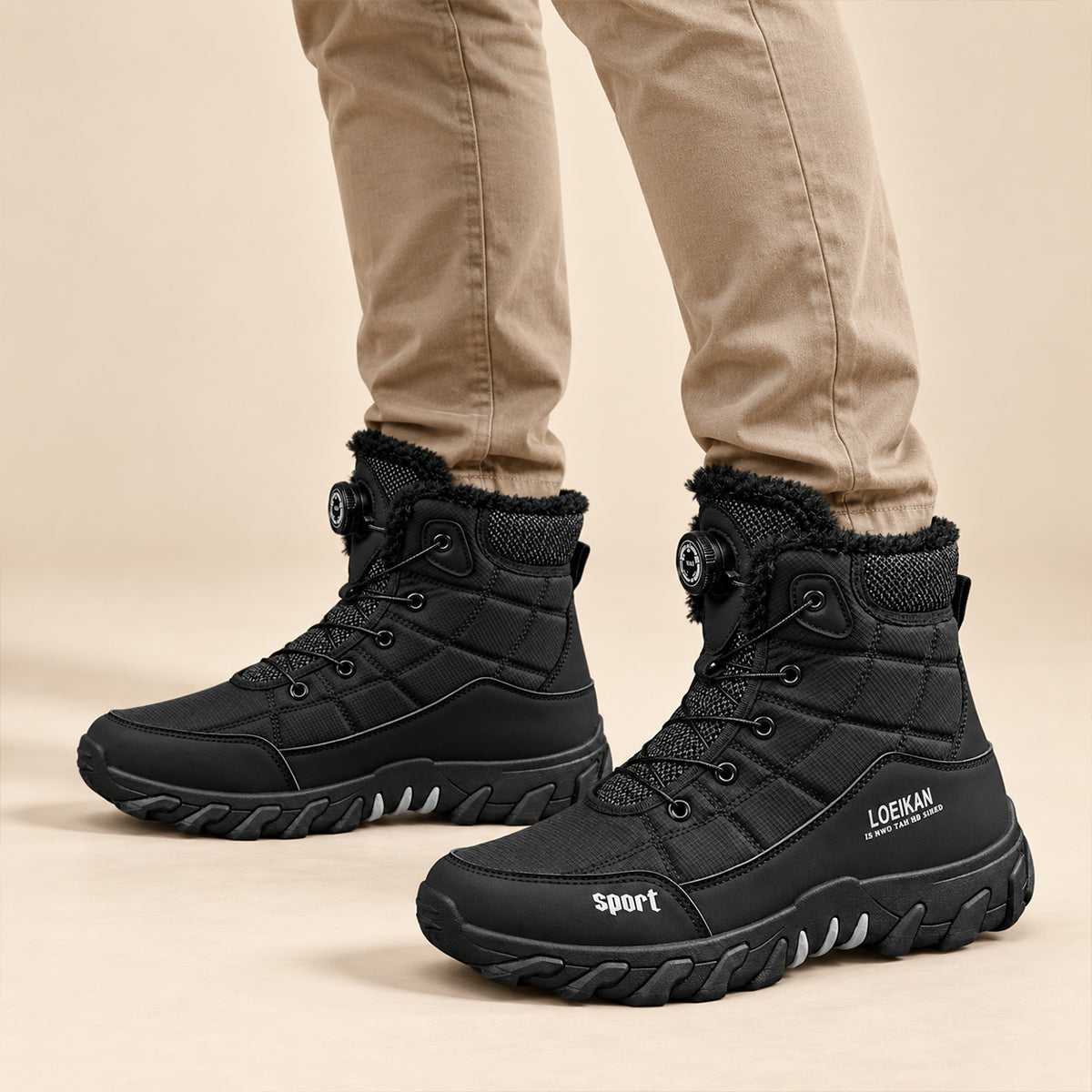 Men's Snow Boots with Fur Lining, Lace-Up Rotary Dial and Anti-Slip Sole