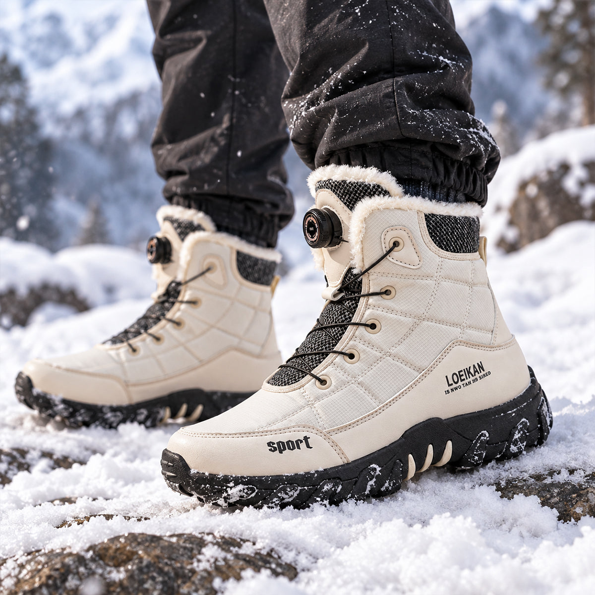 Men's Snow Boots with Fur Lining, Lace-Up Rotary Dial and Anti-Slip Sole