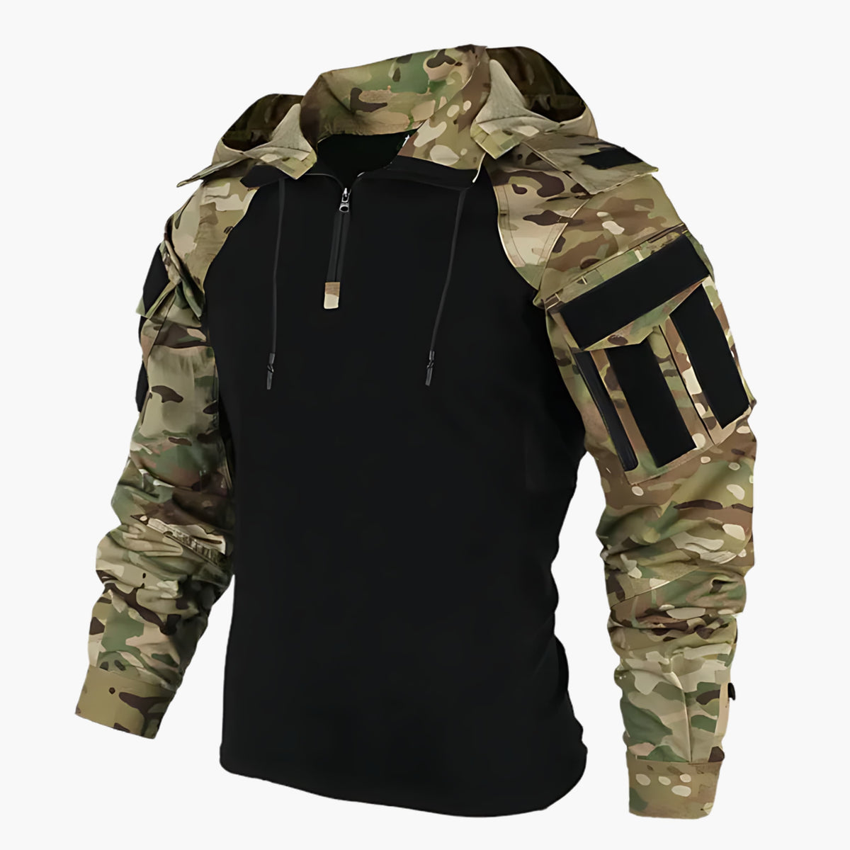 Men's Tactical Hooded Jacket with Stand Collar and Half Zip