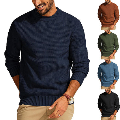 Men's Textured Knit Crew Neck Sweater with Ribbed Cuffs and Hem