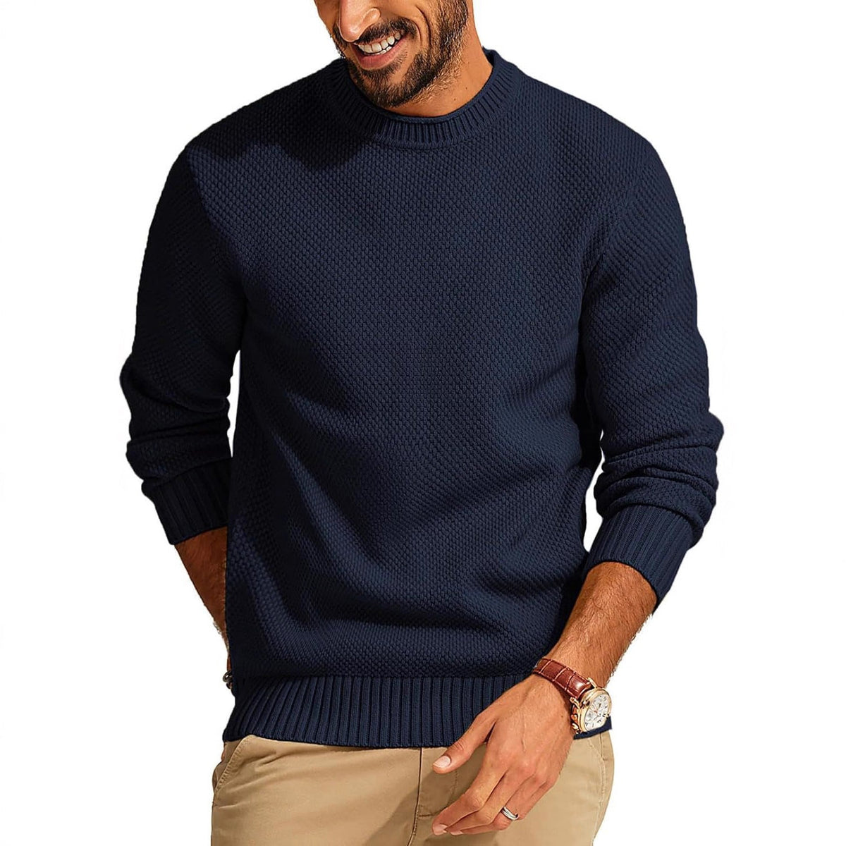 Men's Textured Knit Crew Neck Sweater with Ribbed Cuffs and Hem