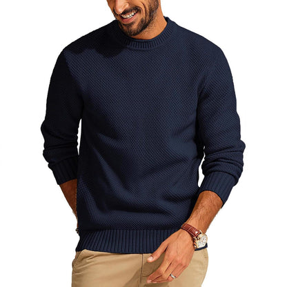 Men's Textured Knit Crew Neck Sweater with Ribbed Cuffs and Hem