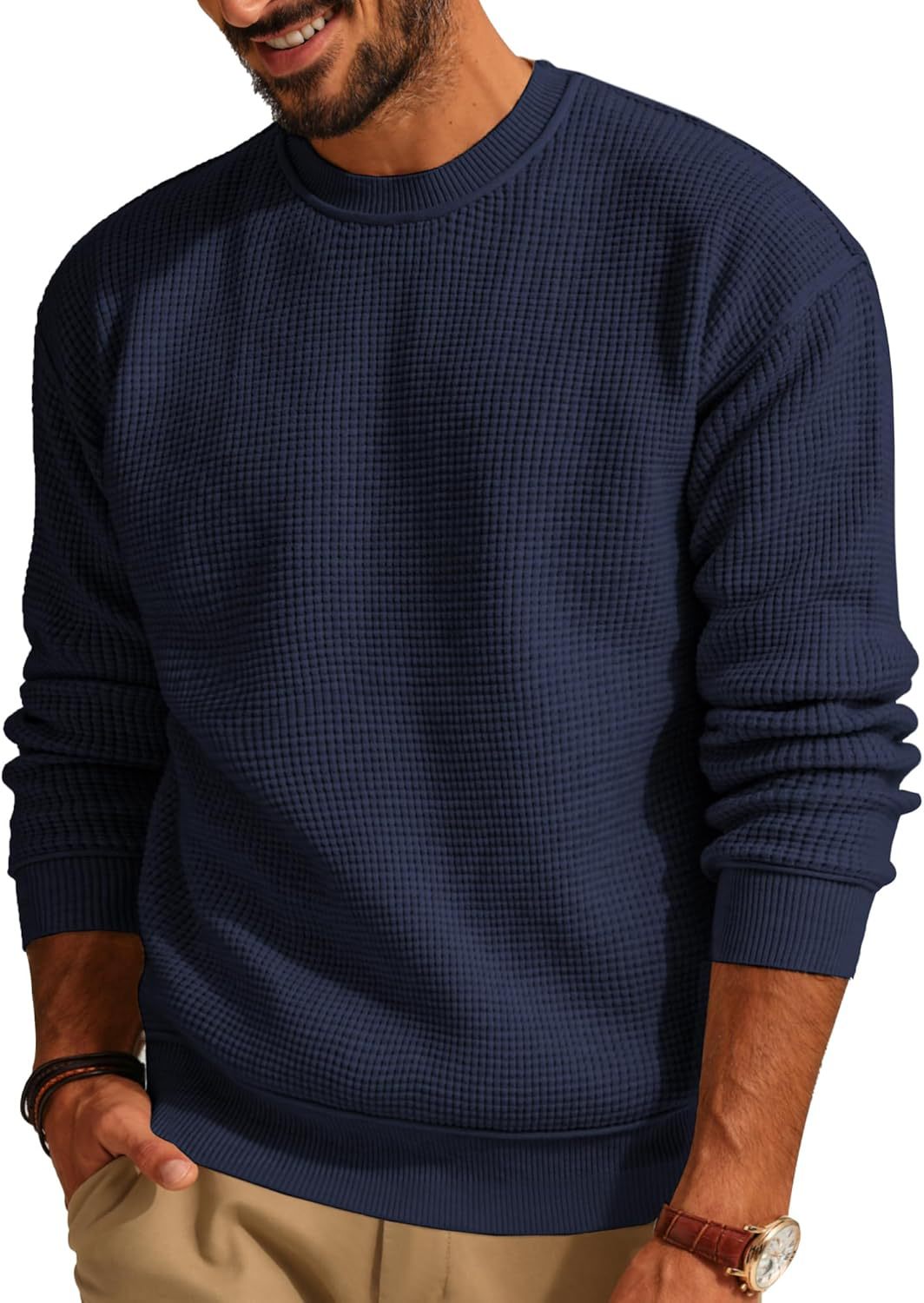 Men's Textured Knit Crew Neck Sweater with Ribbed Cuffs and Hem