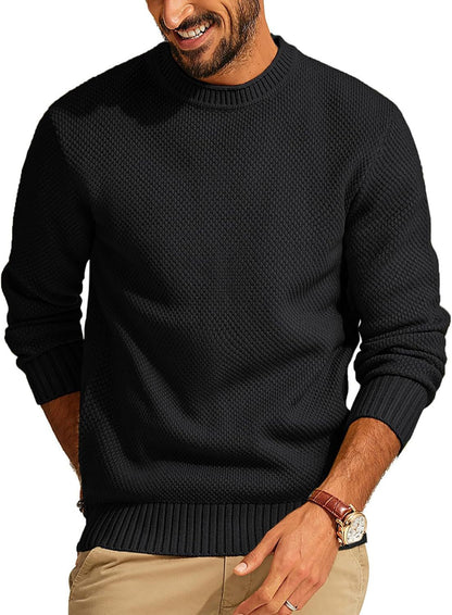 Men's Textured Knit Crew Neck Sweater with Ribbed Cuffs and Hem