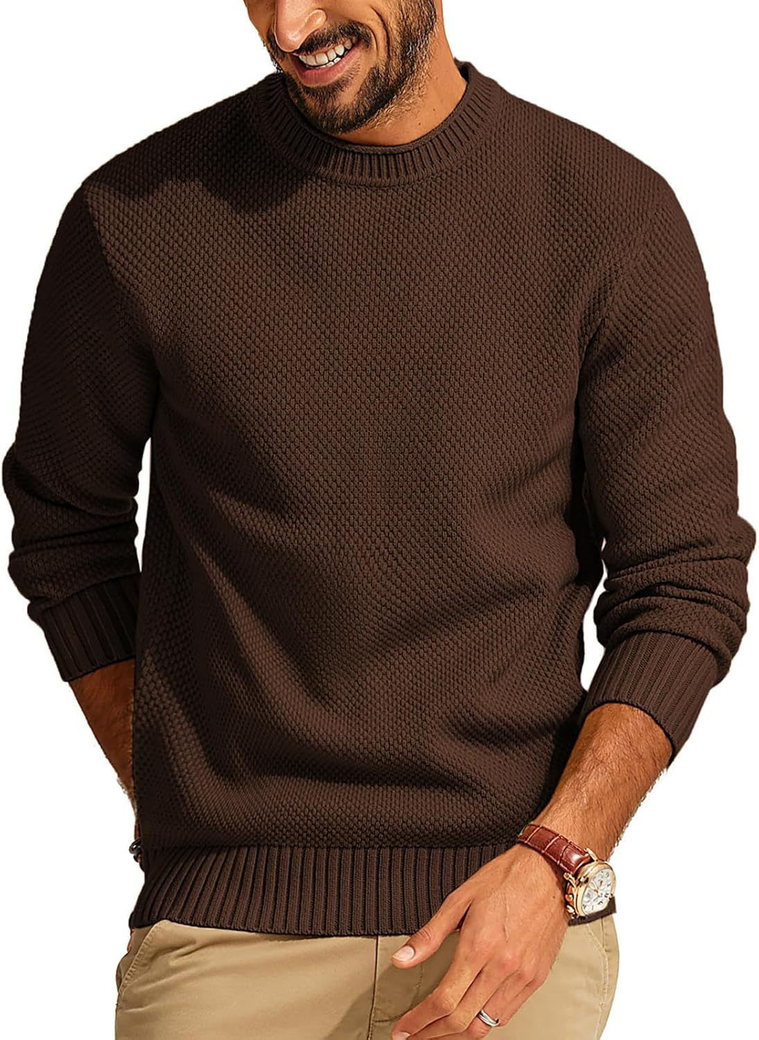 Men's Textured Knit Crew Neck Sweater with Ribbed Cuffs and Hem