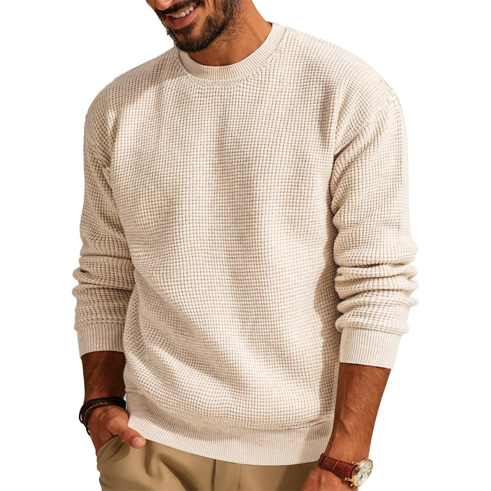 Men's Textured Knit Crew Neck Sweater with Ribbed Cuffs and Hem