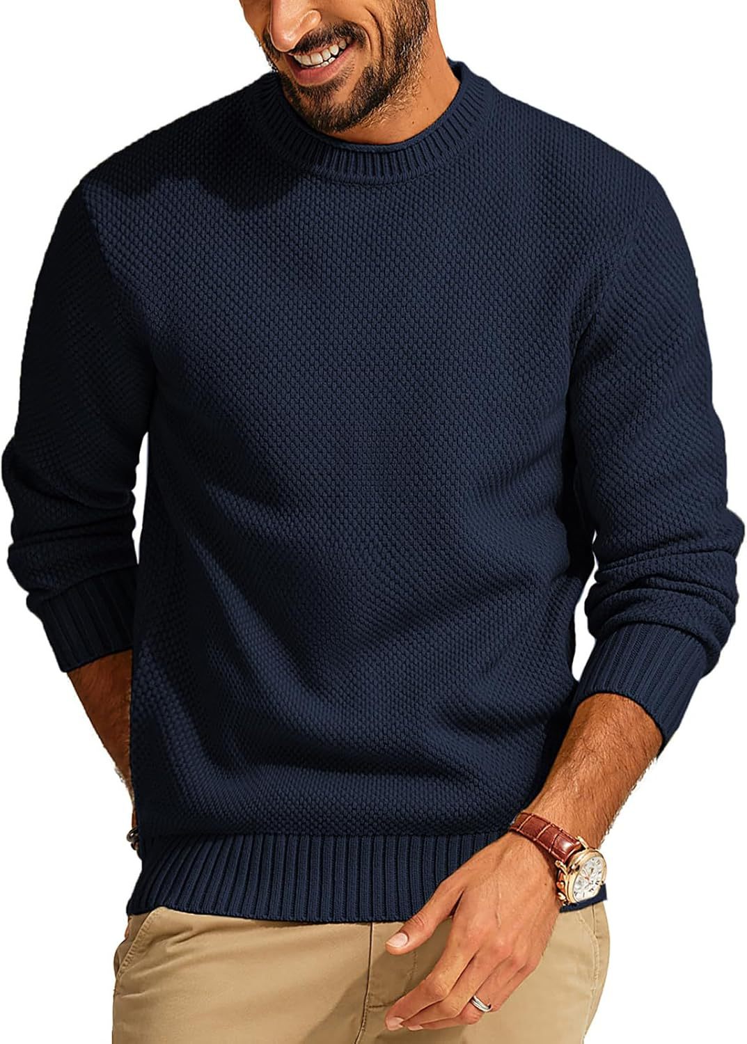 Men's Textured Knit Crew Neck Sweater with Ribbed Cuffs and Hem