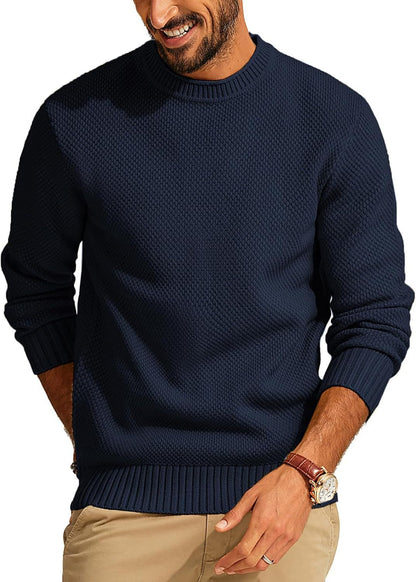 Men's Textured Knit Crew Neck Sweater with Ribbed Cuffs and Hem