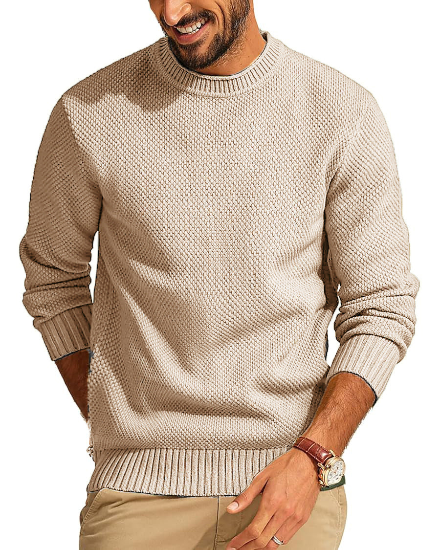 Men's Textured Knit Crew Neck Sweater with Ribbed Cuffs and Hem