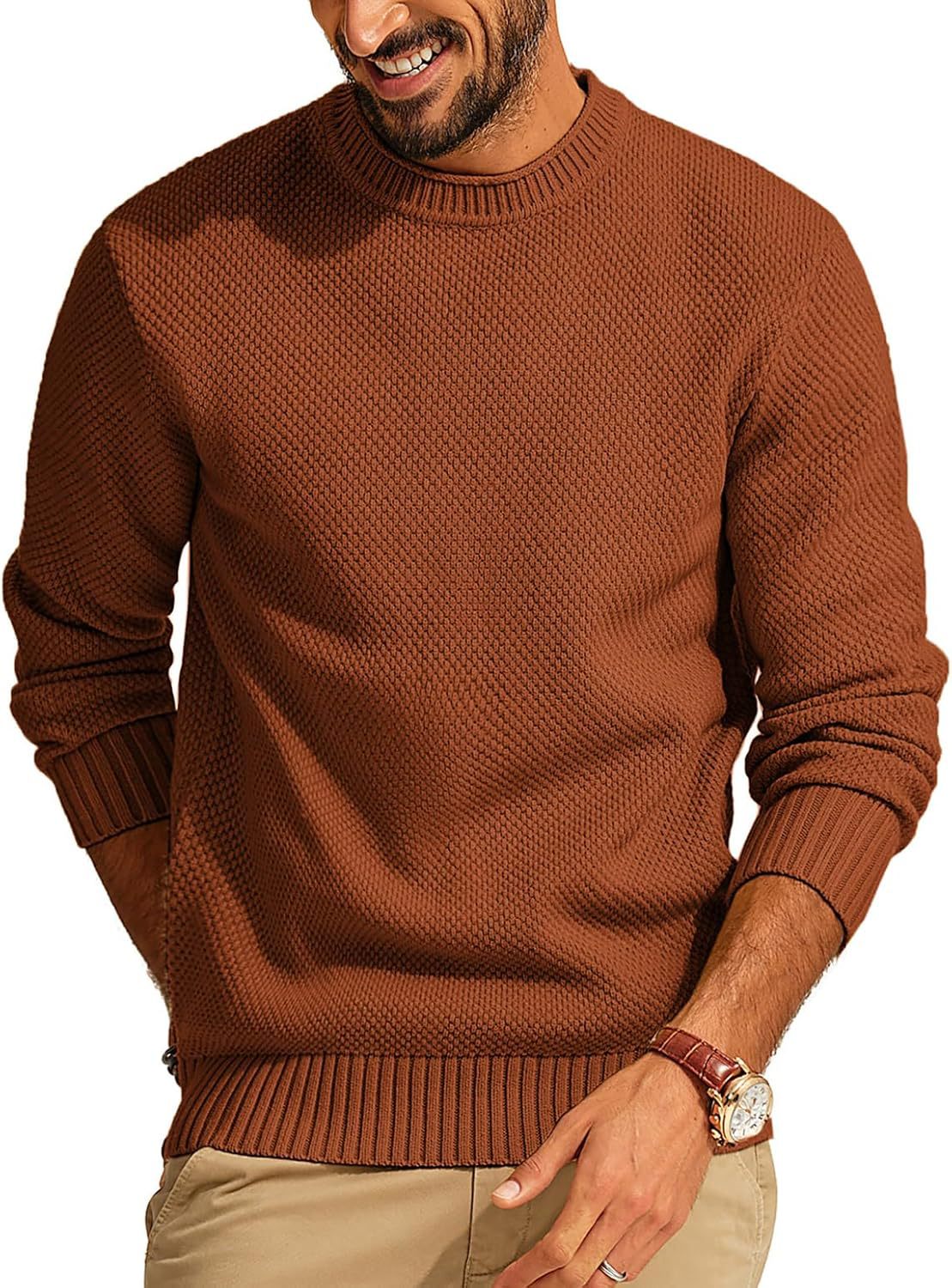 Men's Textured Knit Crew Neck Sweater with Ribbed Cuffs and Hem