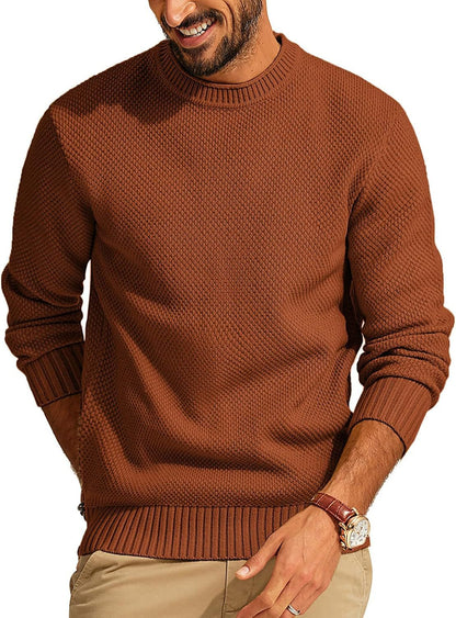 Men's Textured Knit Crew Neck Sweater with Ribbed Cuffs and Hem