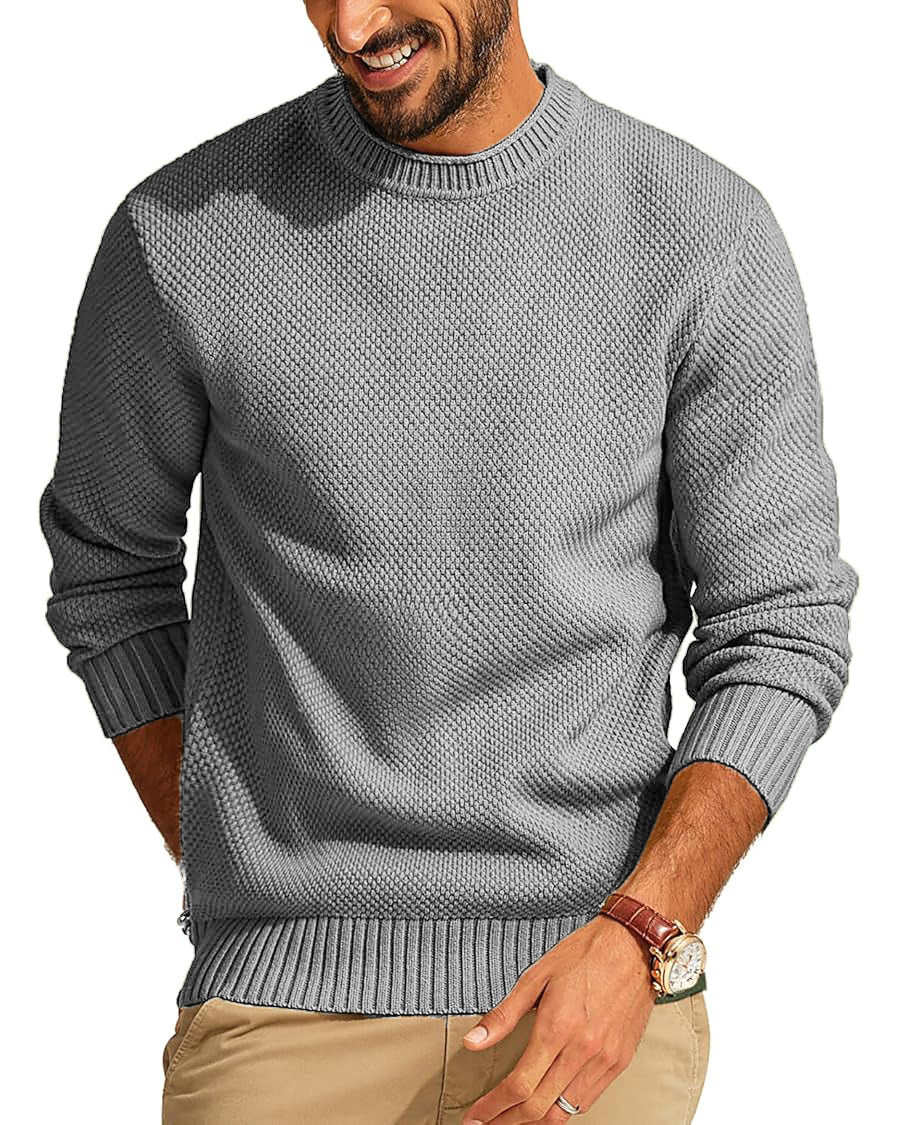 Men's Textured Knit Crew Neck Sweater with Ribbed Cuffs and Hem