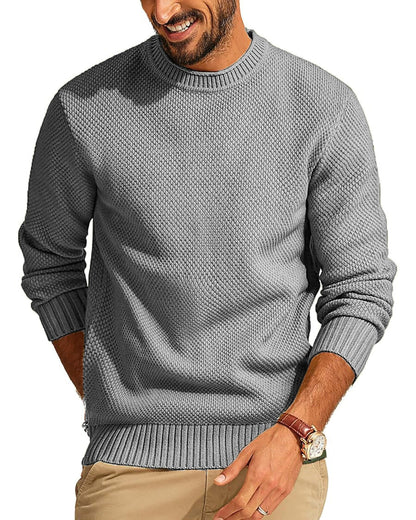 Men's Textured Knit Crew Neck Sweater with Ribbed Cuffs and Hem
