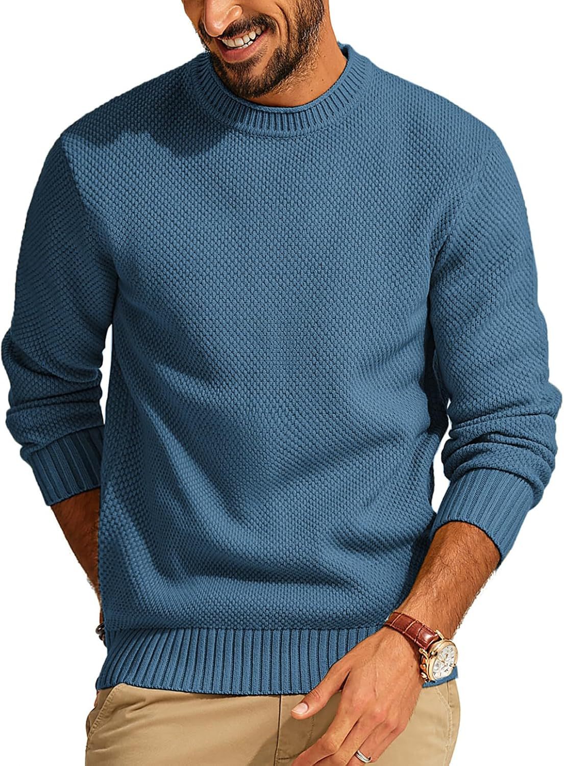 Men's Textured Knit Crew Neck Sweater with Ribbed Cuffs and Hem