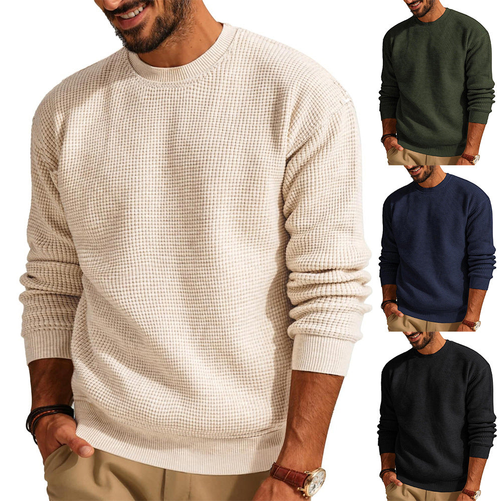 Men's Textured Knit Crew Neck Sweater with Ribbed Cuffs and Hem