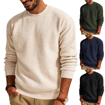 Men's Textured Knit Crew Neck Sweater with Ribbed Cuffs and Hem