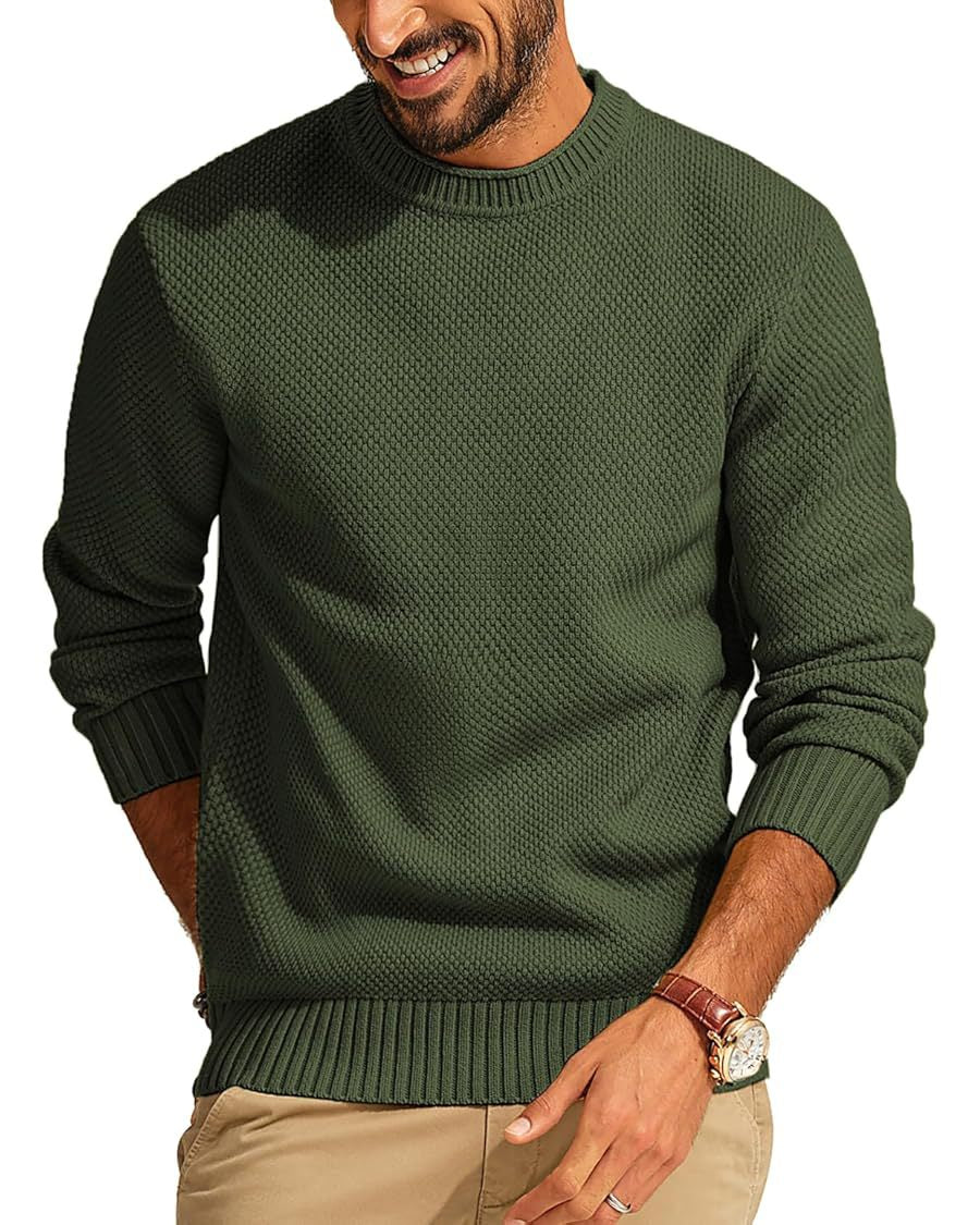 Men's Textured Knit Crew Neck Sweater with Ribbed Cuffs and Hem