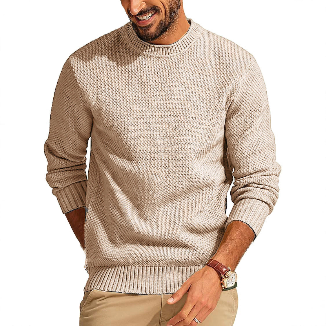 Men's Textured Knit Crew Neck Sweater with Ribbed Cuffs and Hem