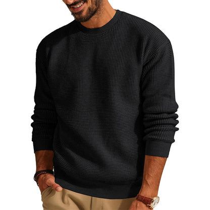 Men's Textured Knit Crew Neck Sweater with Ribbed Cuffs and Hem