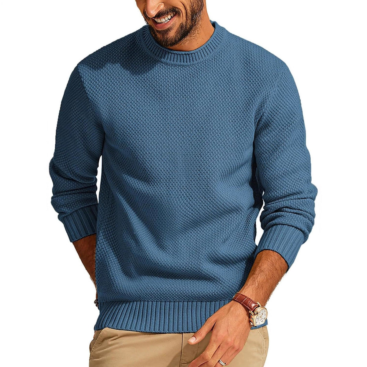 Men's Textured Knit Crew Neck Sweater with Ribbed Cuffs and Hem