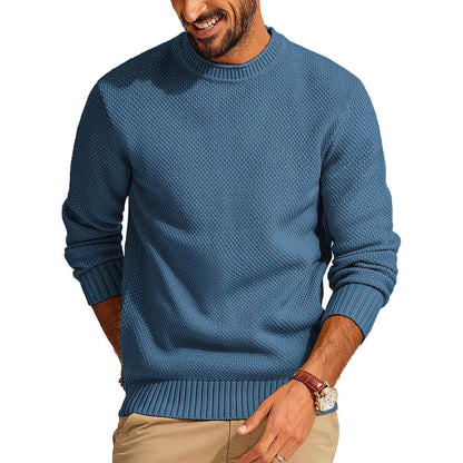 Men's Textured Knit Crew Neck Sweater with Ribbed Cuffs and Hem