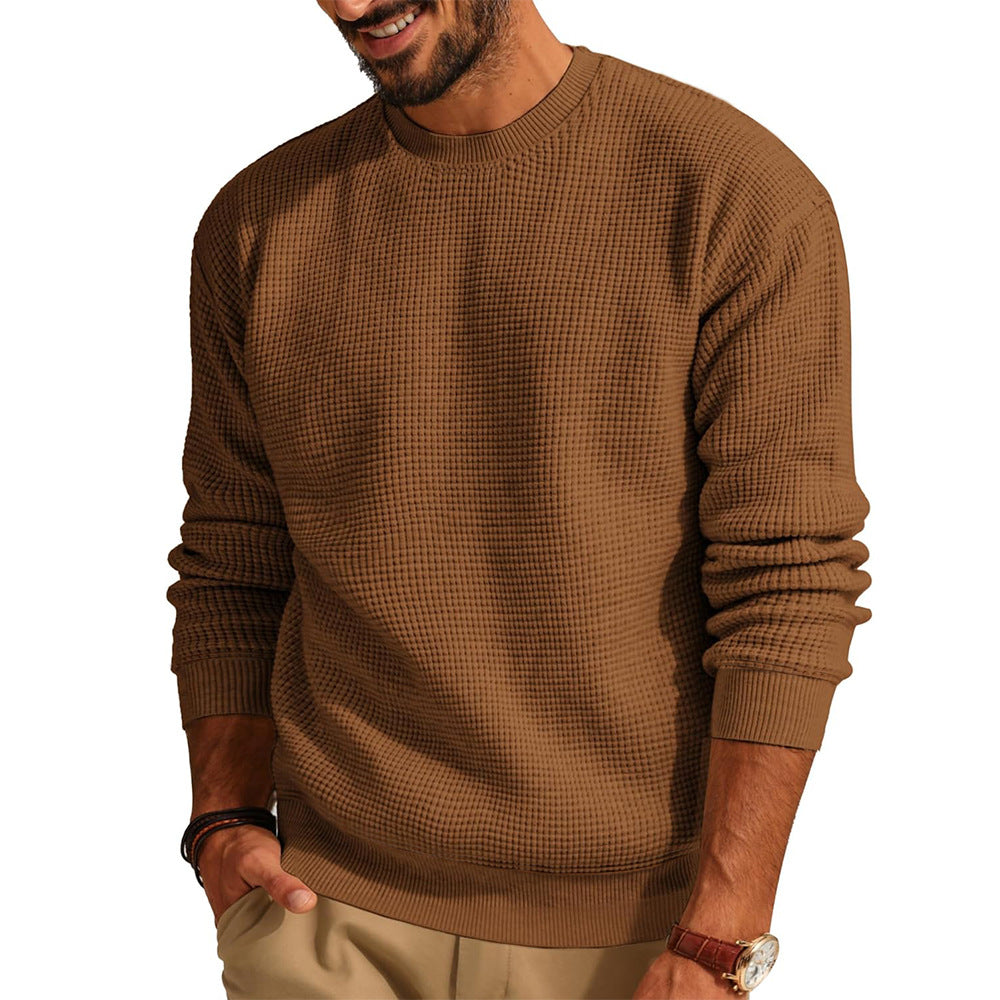 Men's Textured Knit Crew Neck Sweater with Ribbed Cuffs and Hem