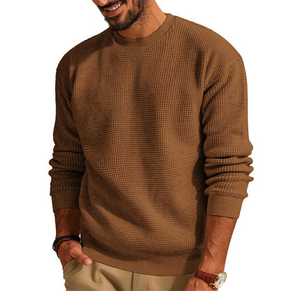 Men's Textured Knit Crew Neck Sweater with Ribbed Cuffs and Hem