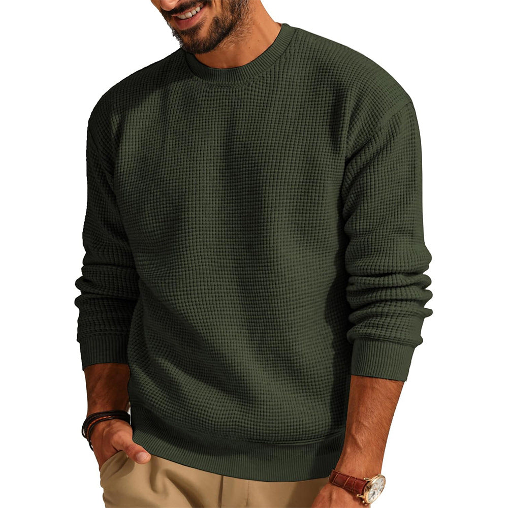 Men's Textured Knit Crew Neck Sweater with Ribbed Cuffs and Hem