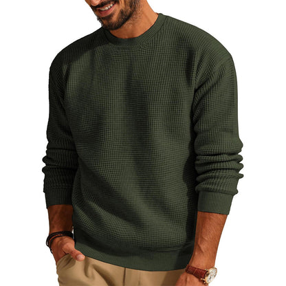 Men's Textured Knit Crew Neck Sweater with Ribbed Cuffs and Hem