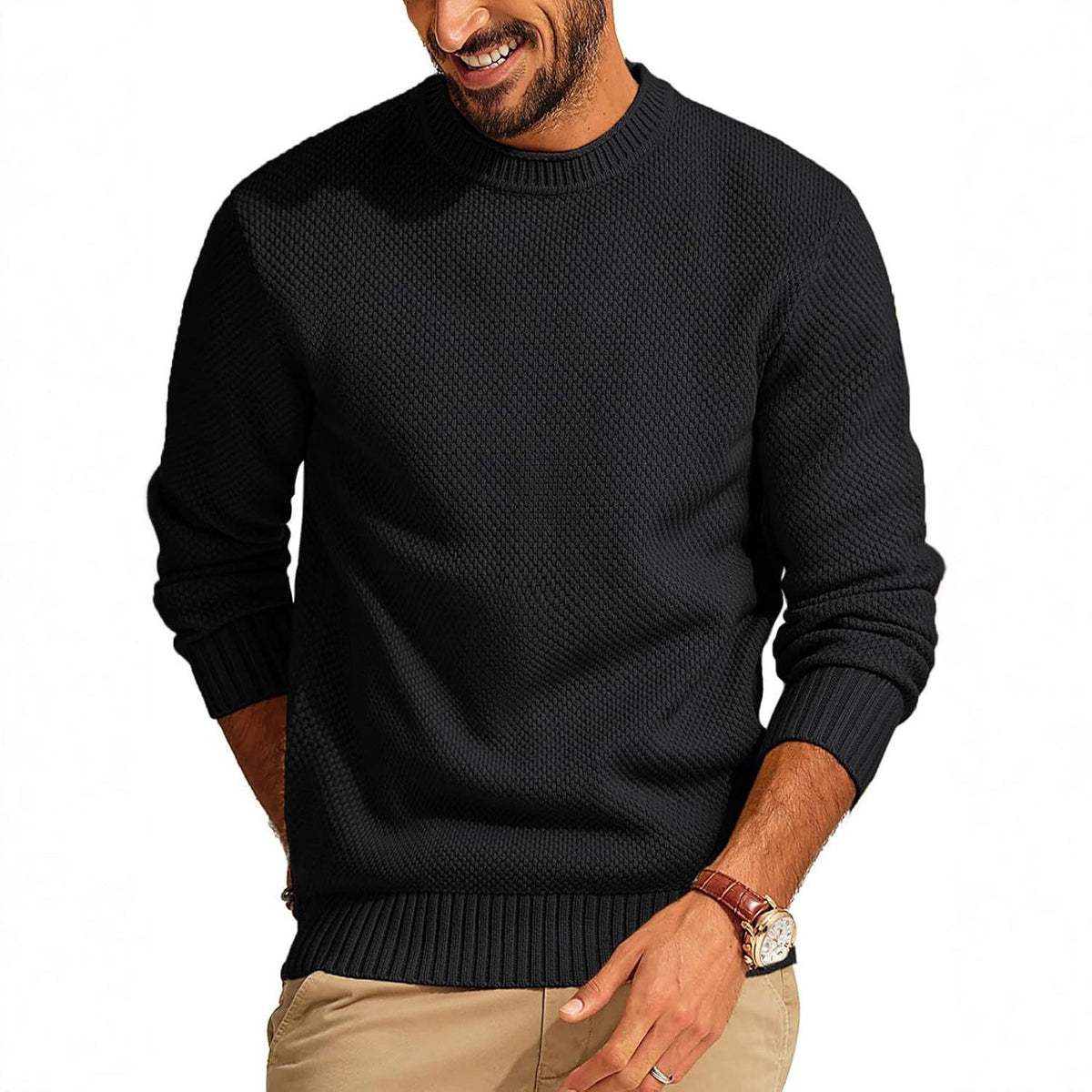 Men's Textured Knit Crew Neck Sweater with Ribbed Cuffs and Hem