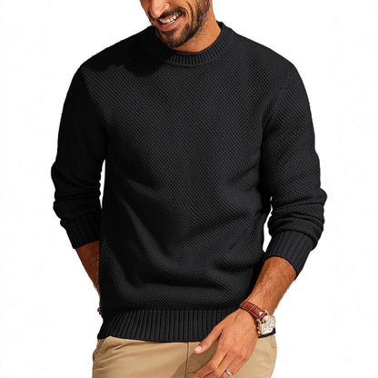 Men's Textured Knit Crew Neck Sweater with Ribbed Cuffs and Hem