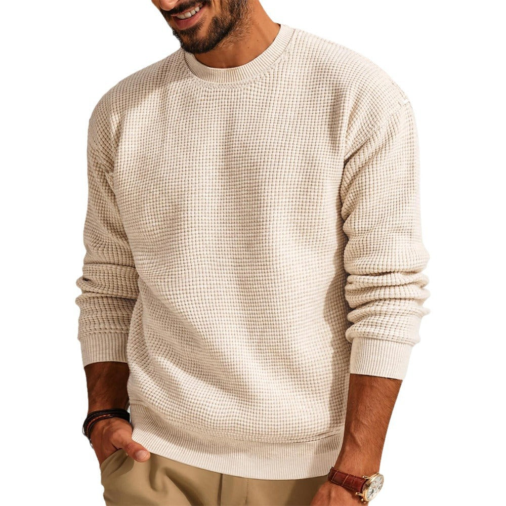 Men's Textured Knit Crew Neck Sweater with Ribbed Cuffs and Hem