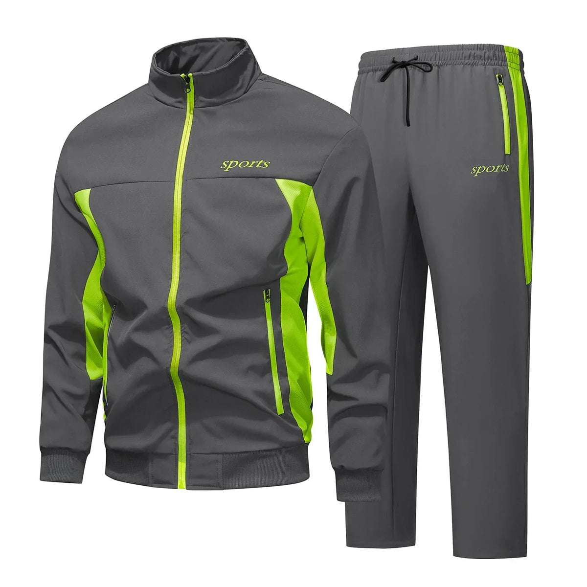 Men's Tracksuit Set with Zip Jacket, Stand Collar and Zipped Pockets