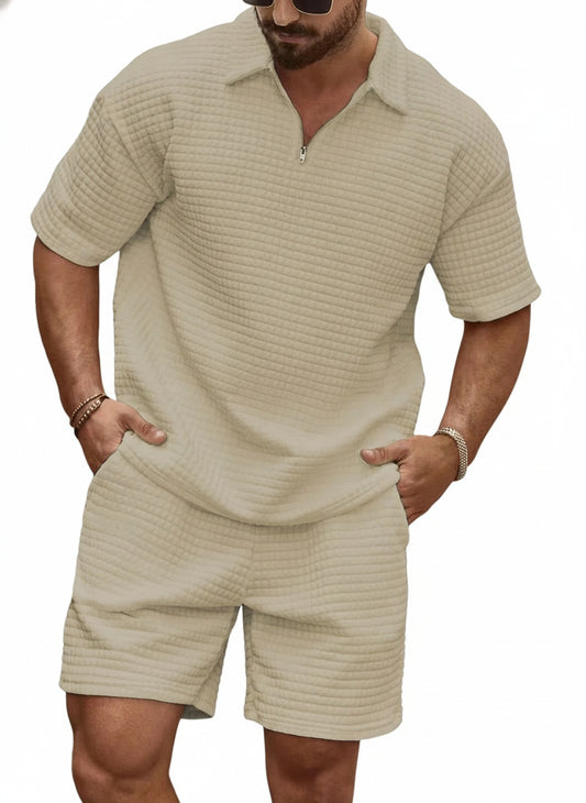 Men's Two-Piece Set Short Sleeve Polo with Zip and Shorts - 1
