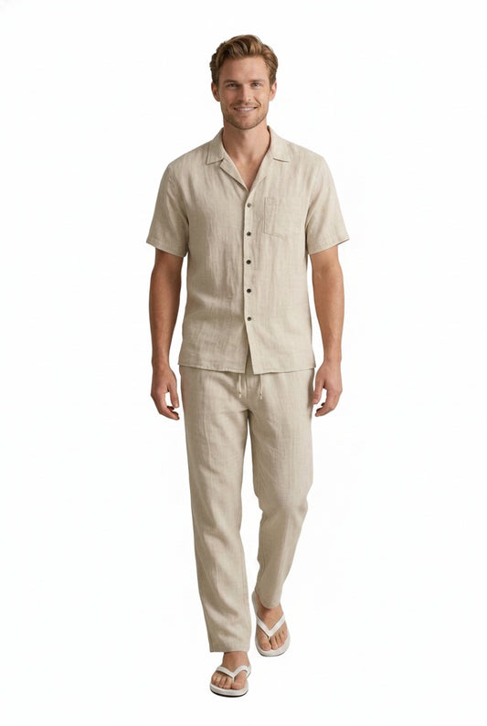 Men's Two-Piece Set Short Sleeve Shirt and Straight Pants with Shirt Collar - 1