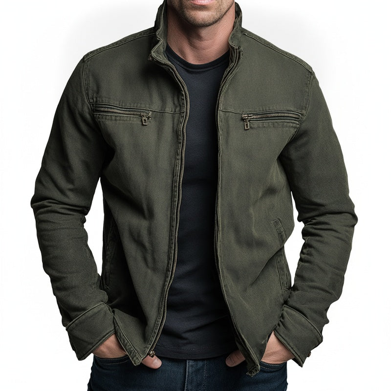 Men's Vintage Stand-Collar Zip Jacket with Chest Pockets and Side Pockets